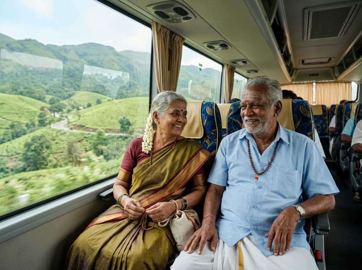 Elderly Indian couple enjoying comfortable scenic journey by the window