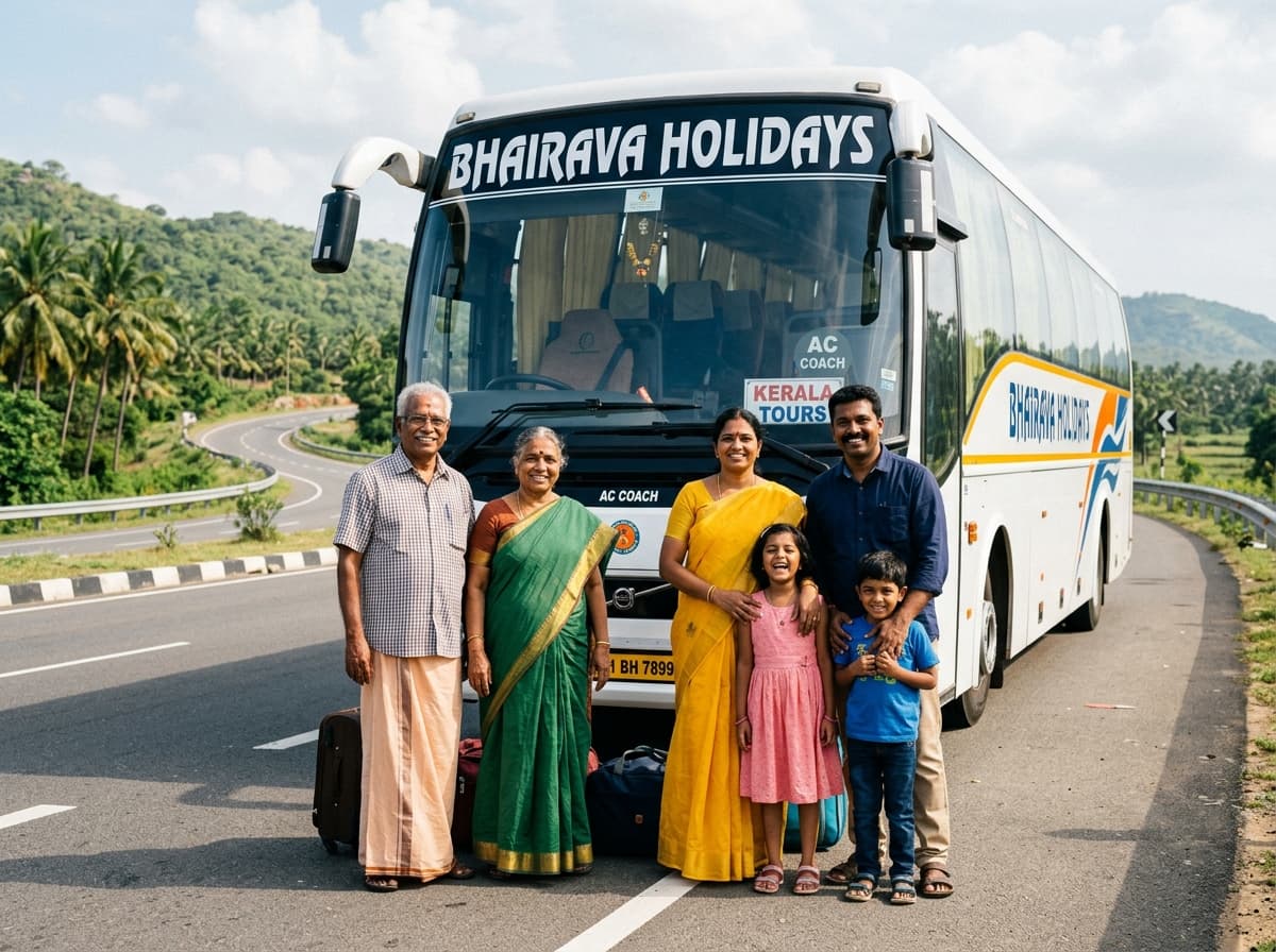 Happy Indian family on vacation with Bhairava Holidays luxury bus