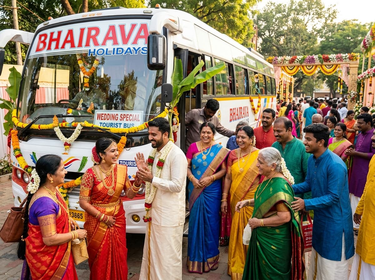 Indian wedding family and guests traveling in decorated Bhairava coach