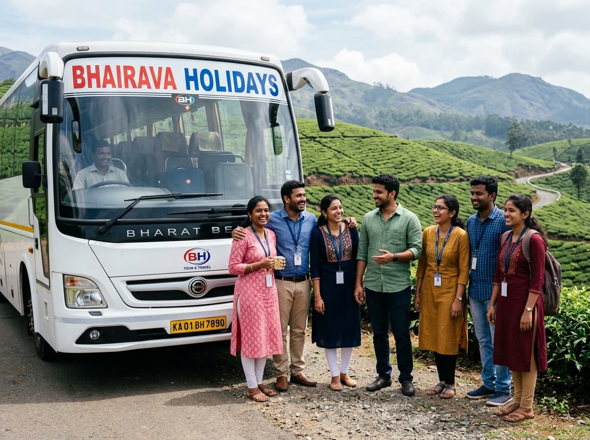 Indian corporate team on a hill station retreat with Bhairava bus