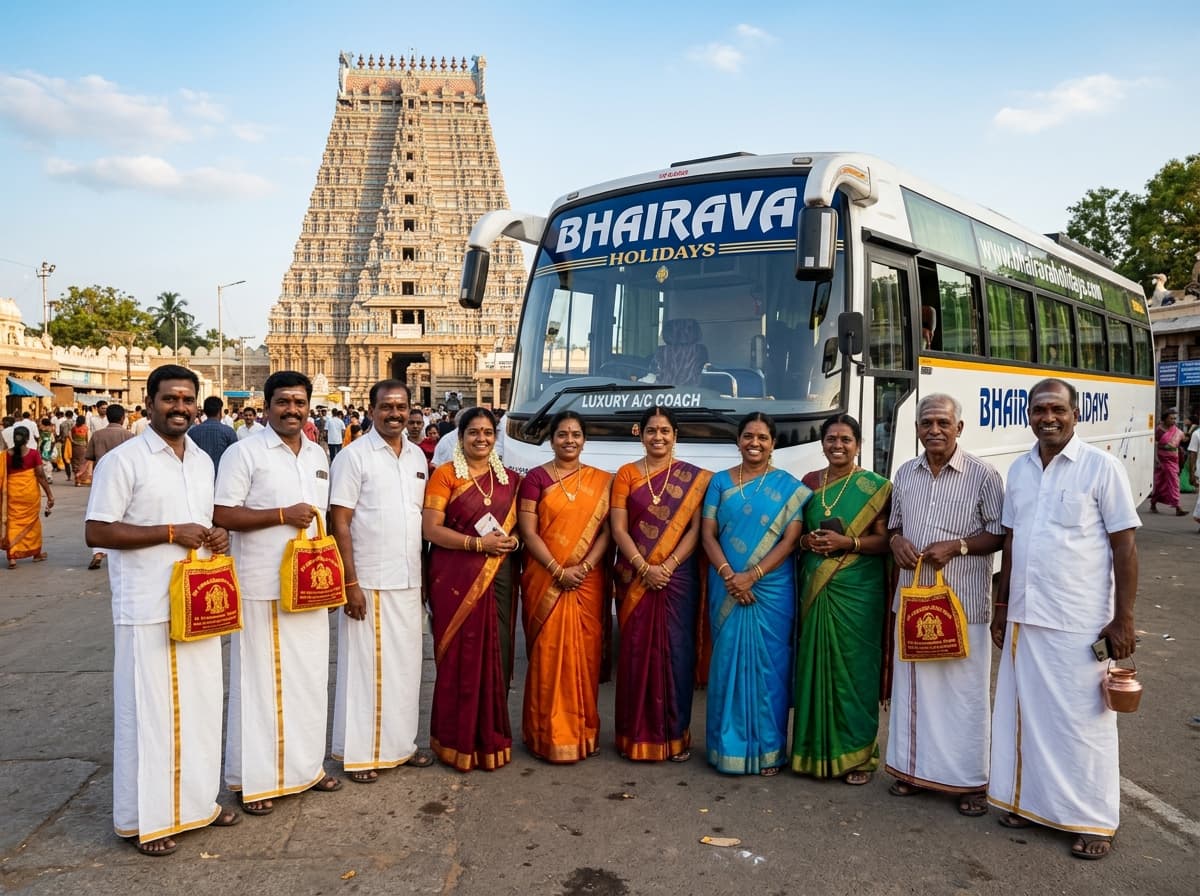 South Indian pilgrim devotees with temple prasad outside Bhairava coach