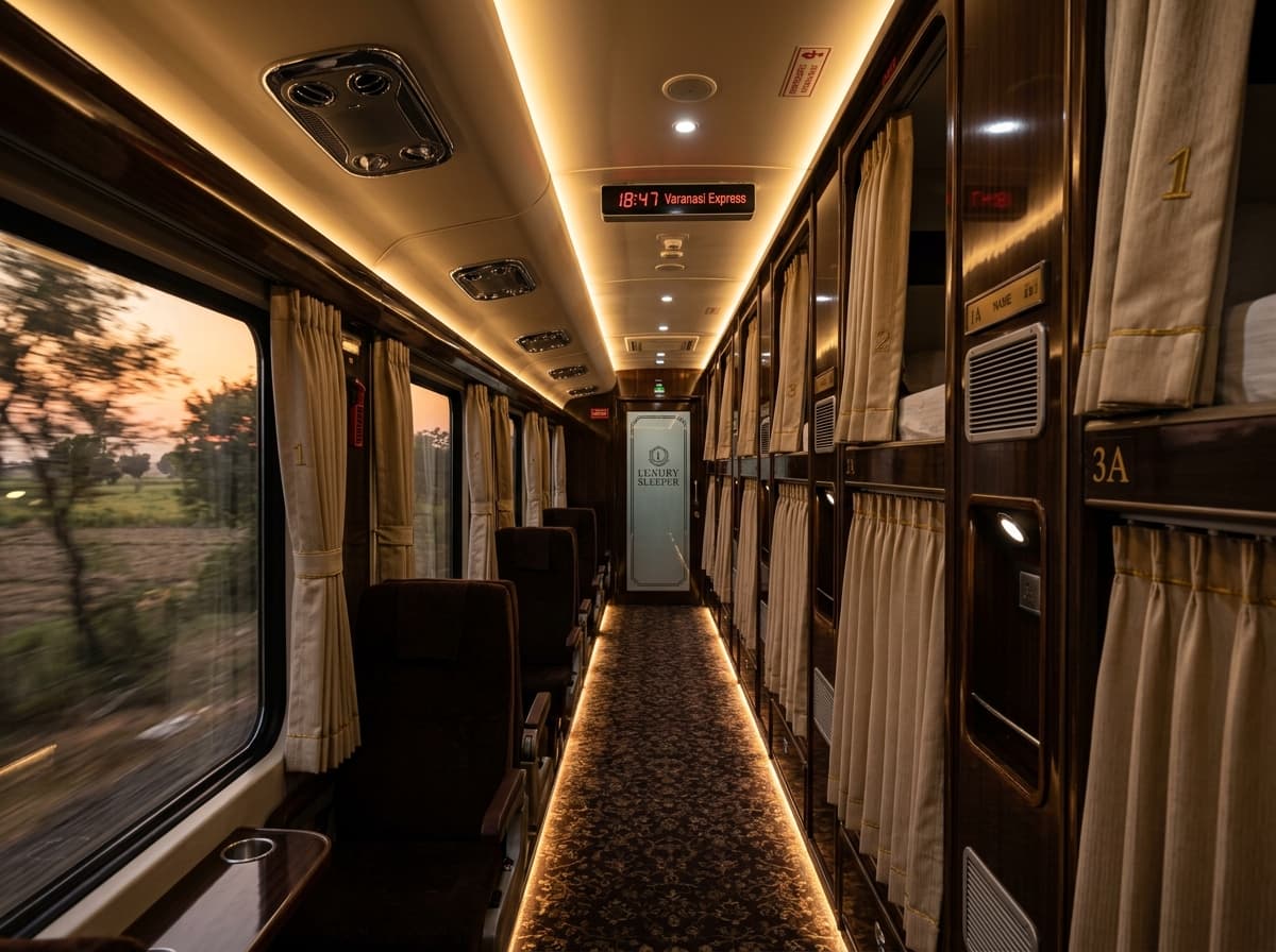 Ambient LED lighting & carpeted aisle in 50-seater luxury coach